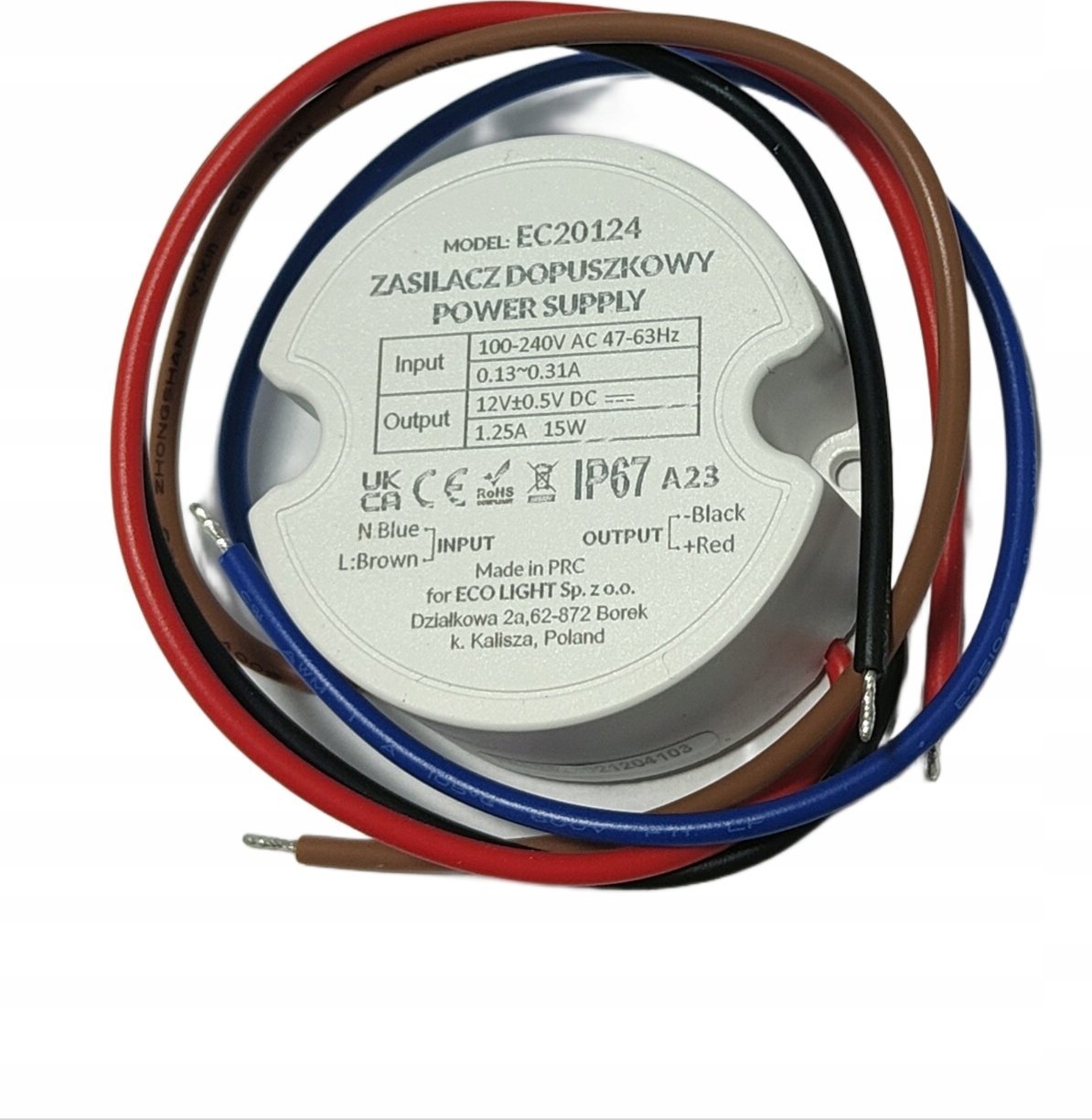 ECOLIGHT2 ZASILACZ DO PUSZKI 1,25A 15W 12V IP67 50x50x22 EC20124
