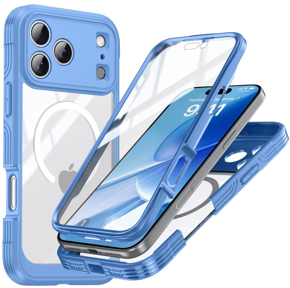 Etui pancerne 360 Supero MagSafe do iPhone 17 Pro, niebiesko-przezroczyste
