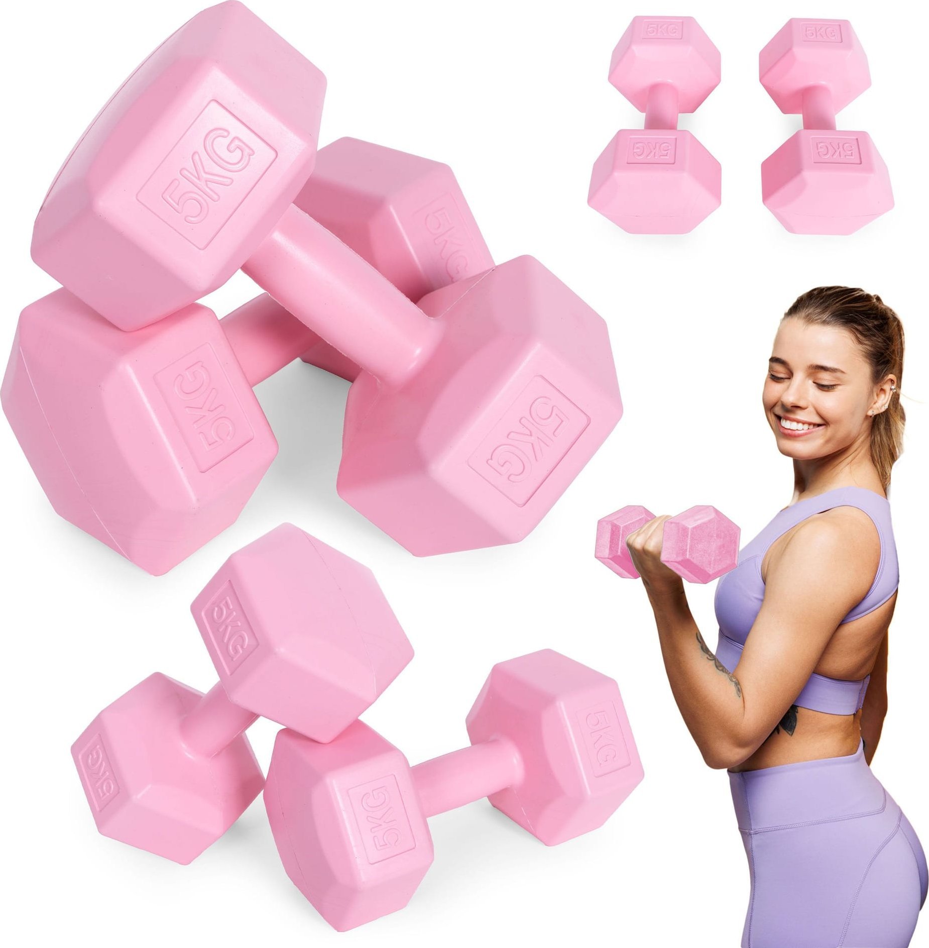 ModernHome Hantle sześciokątne zestaw 2x5 kg ciężarki do ćwiczeń obciążniki fitness różowe ModernHom...