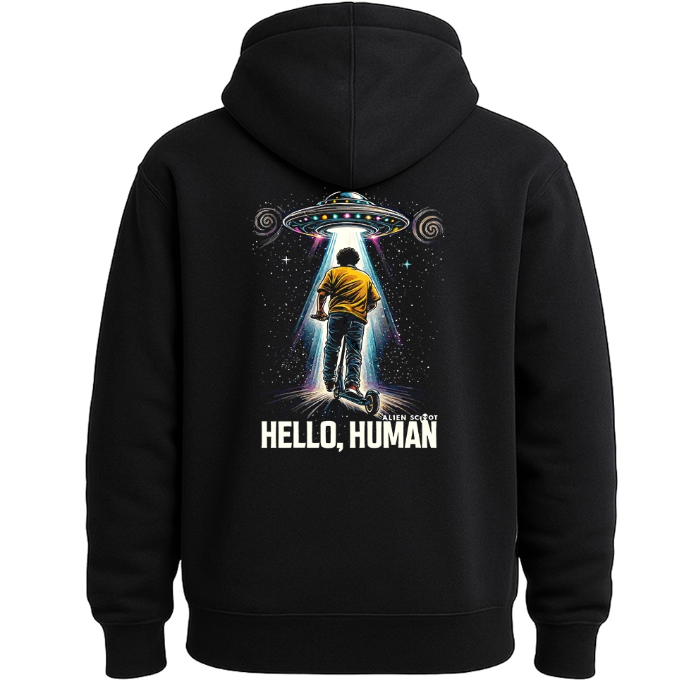 Bluza hulajnoga AlienScoot Hello Human UFO – bluza hulajnogowa z kapturem dla dzieci i młodzieży (czarna)