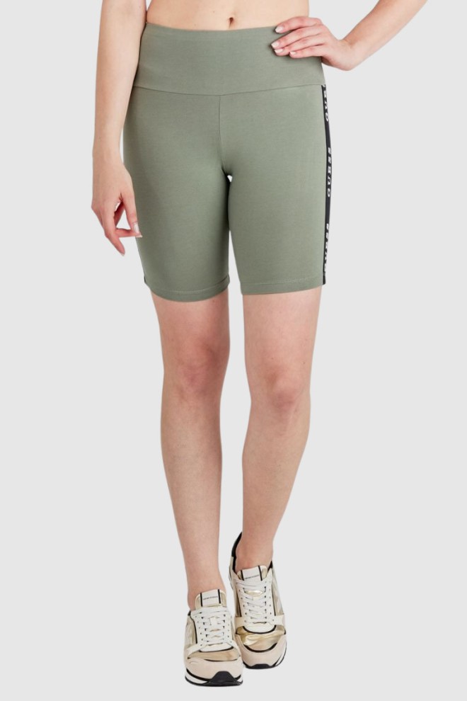 GUESS Zielone krótkie legginsy damskie z lampasami, Rozmiar S