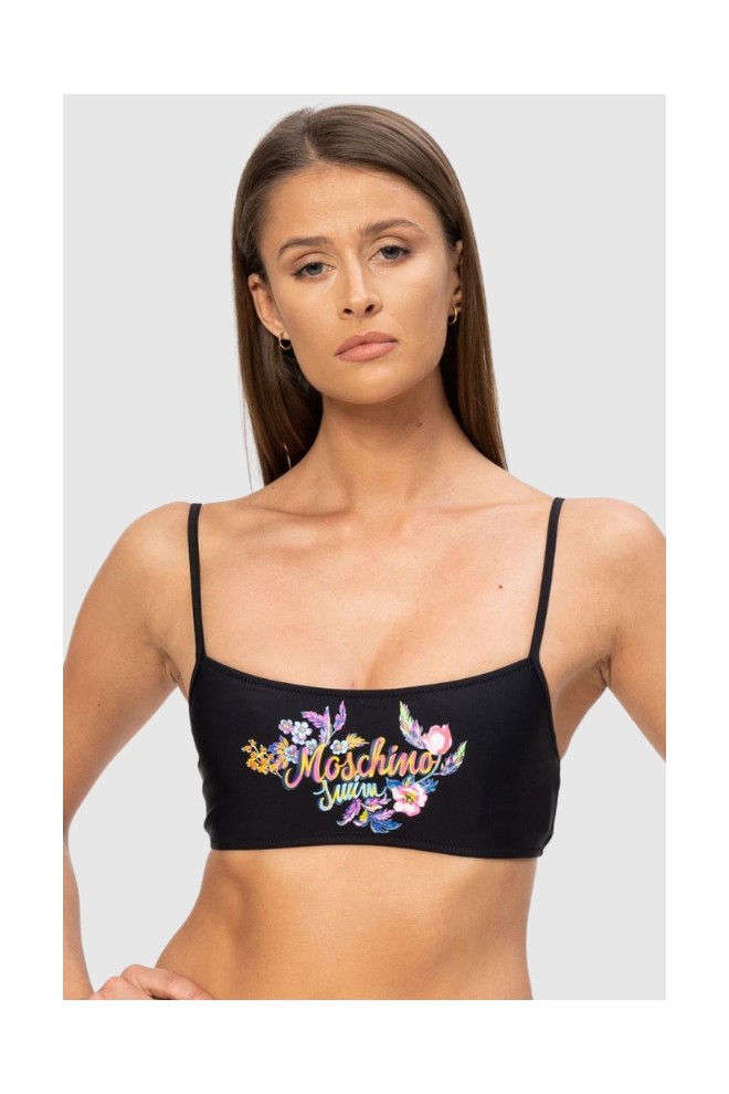 MOSCHINO Czarna góra od bikini z kwiecistym logo, Rozmiar S