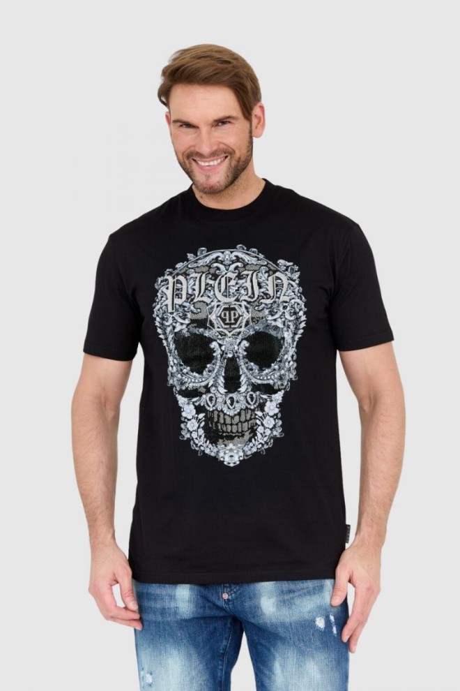 PHILIPP PLEIN Czarny męski t-shirt z czaszką zdobioną dżetami, Rozmiar XXL