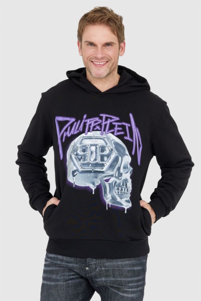 PHILIPP PLEIN Czarna bluza męska z kapturem skull, Rozmiar XL