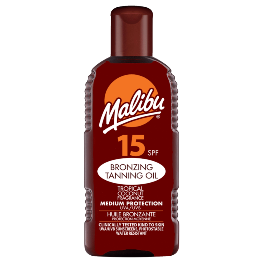 Malibu Bronzing Tanning Oil olejek do opalania brązujący tropikalny kokos SPF15 Ochrona przeciwsłoneczna