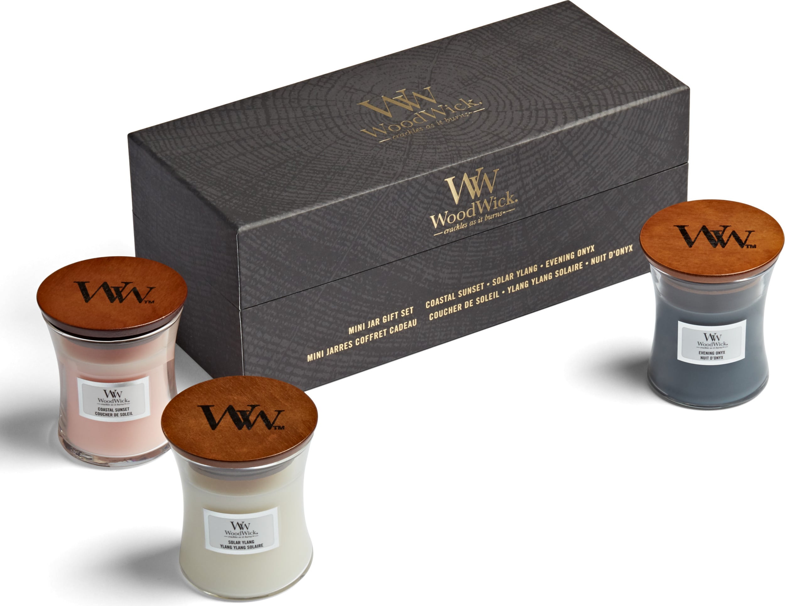 Świece Core WoodWick Coastal Sunset & Solar Ylang & Evening Onyx w zestawie prezentowym 3 szt.