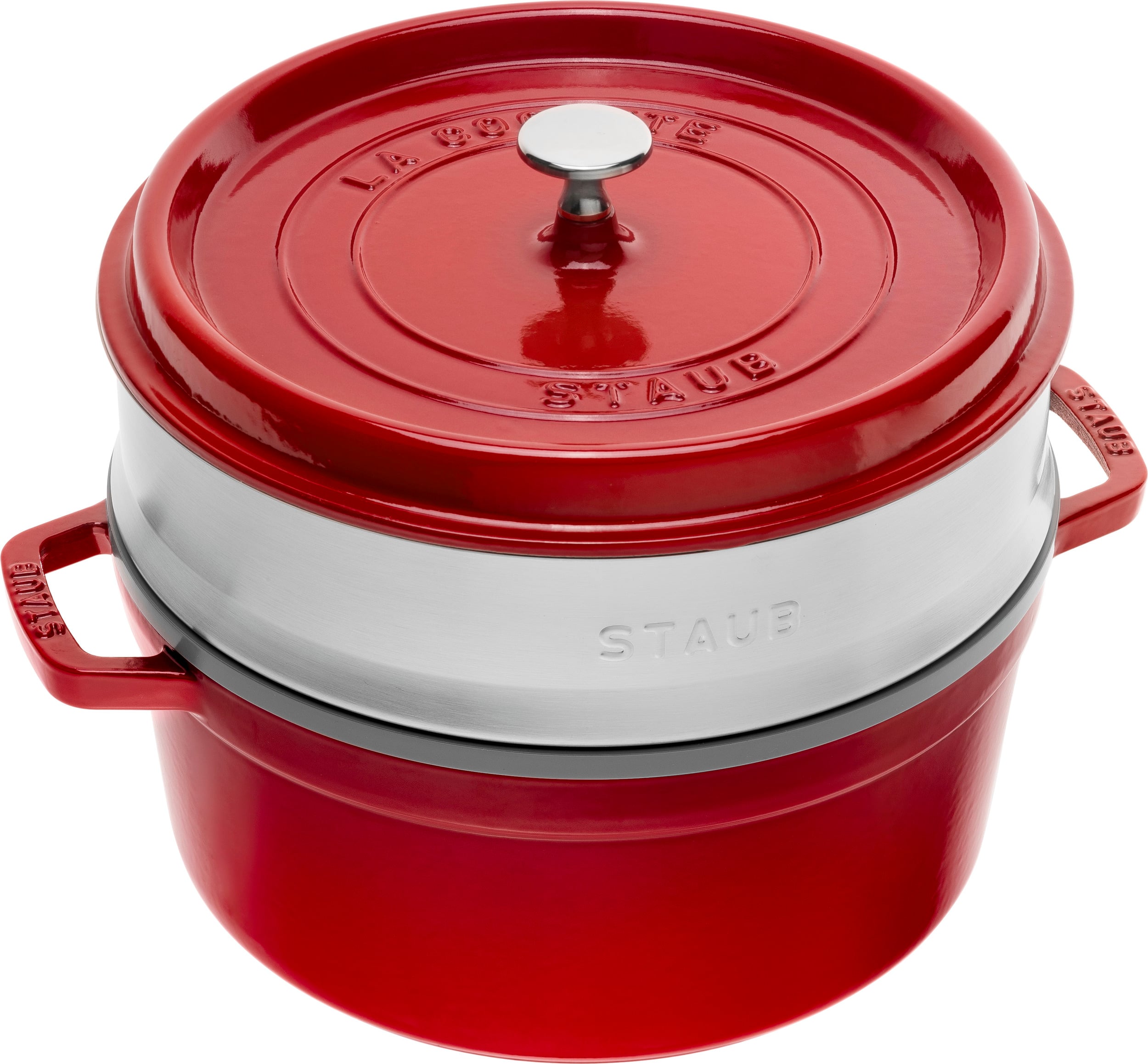 Garnek La Cocotte 5 25 l czerwony żeliwny z wkładem do gotowania na parze