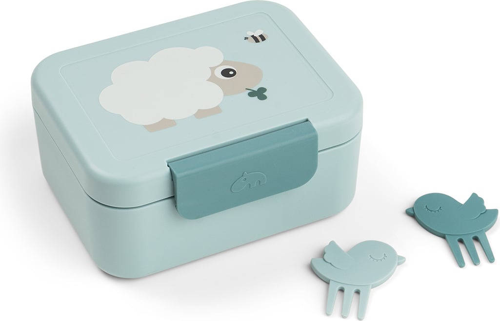 Lunchbox dziecięcy z podziałką Tiny Farm niebieski z widelczykami 3 el.