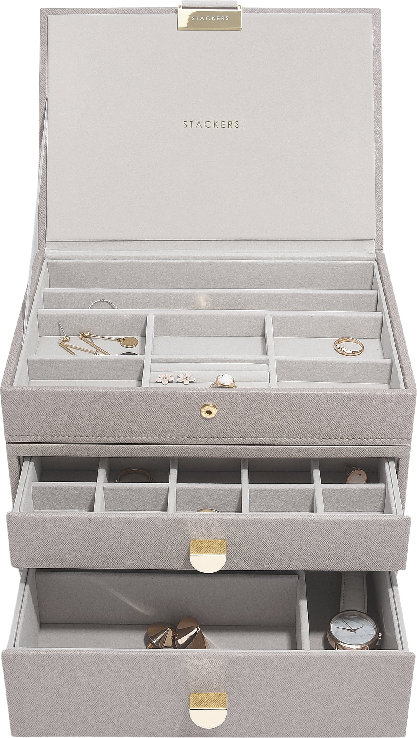 Szkatułka na biżuterię Stackers Classic potrójna taupe z 2 szufladami