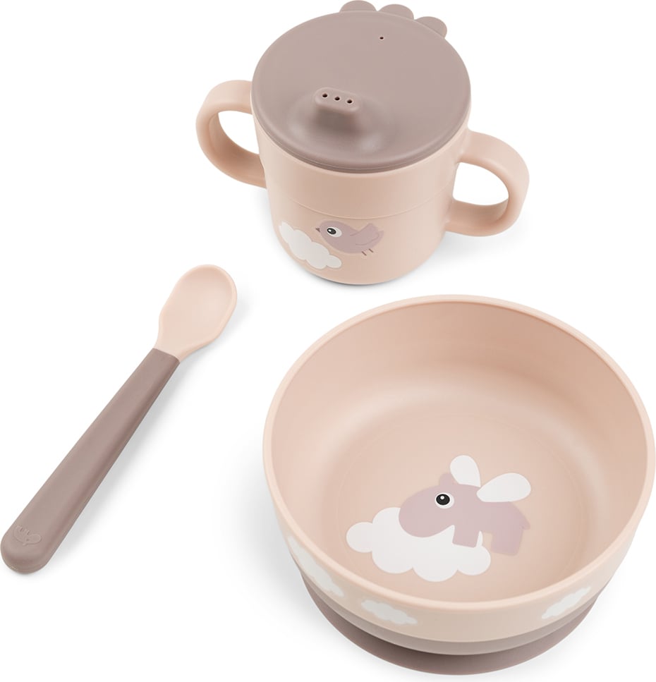 Miseczka z łyżeczką i kubkiem Foodie Happy Clouds różowe 3 el.