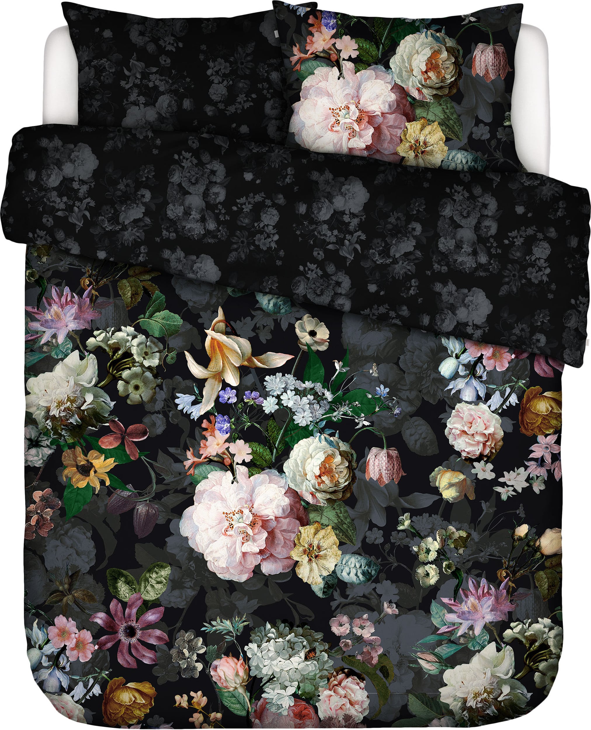 Pościel Fleur Festive 200 x 220 cm czarna z 2 poszewkami na poduszki 60 x 70 cm zapięcie flap
