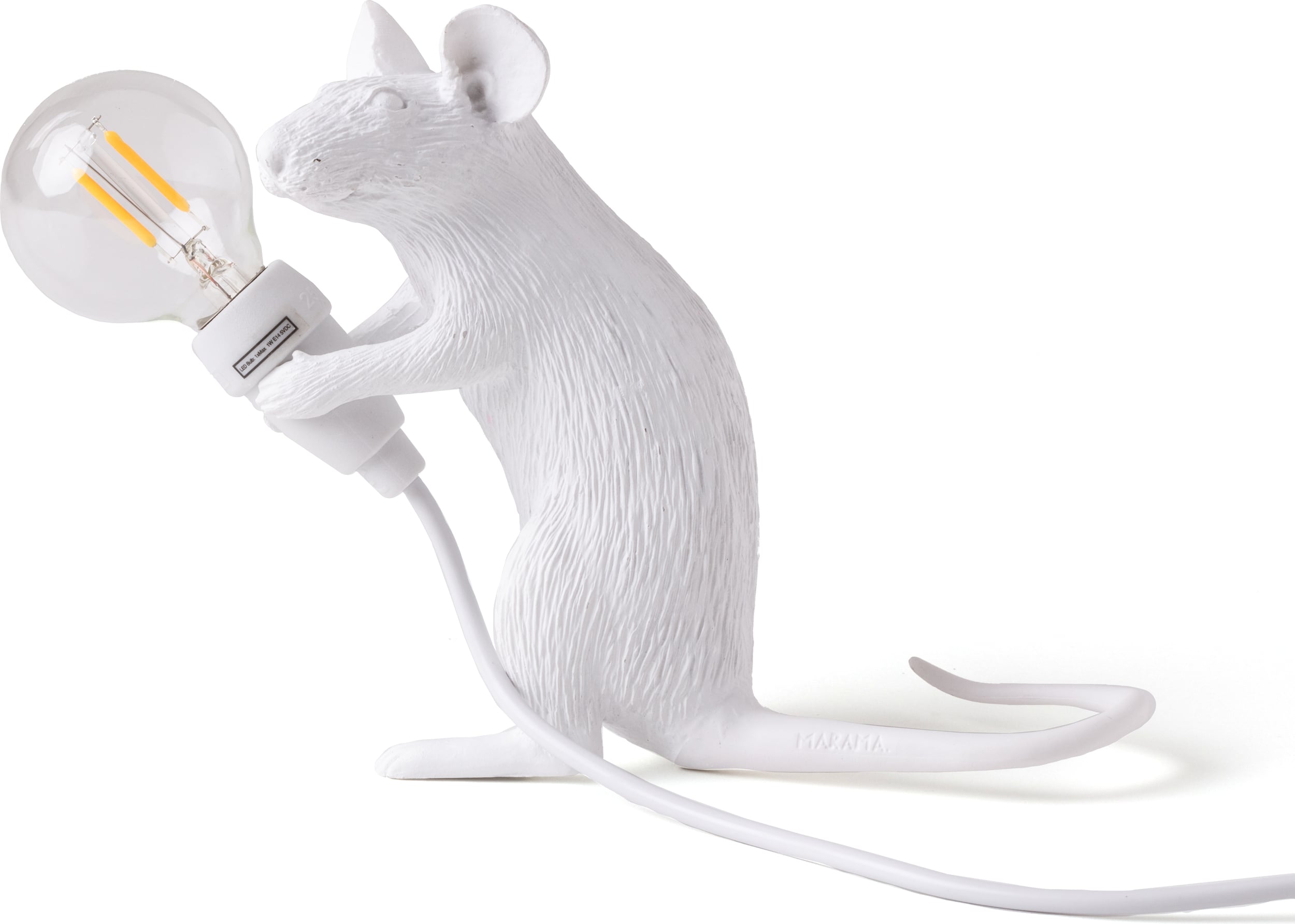 Lampa Mouse siedząca biała z gniazdkiem USB