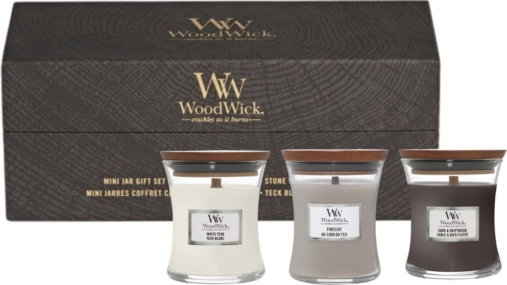 Świece Core WoodWick Fireside & White Teak & Sand Driftwood małe w opakowaniu prezentowym 3 szt.