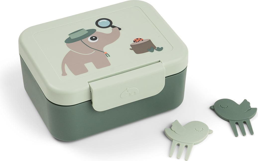 Lunchbox dziecięcy z podziałką Tiny Trails zielony z widelczykami 3 el.