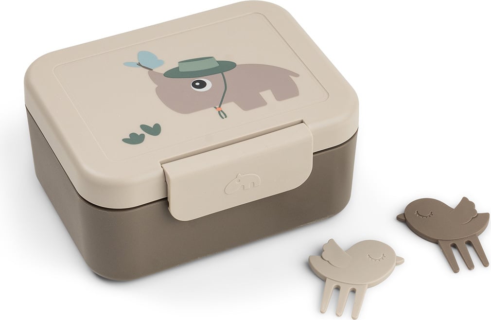 Lunchbox dziecięcy z podziałką Tiny Trails piaskowy z widelczykami 3 el.