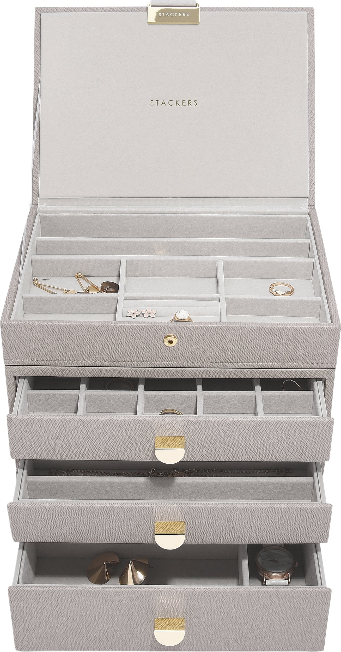 Szkatułka na biżuterię Stackers Classic poczwórna taupe z 3 szufladami