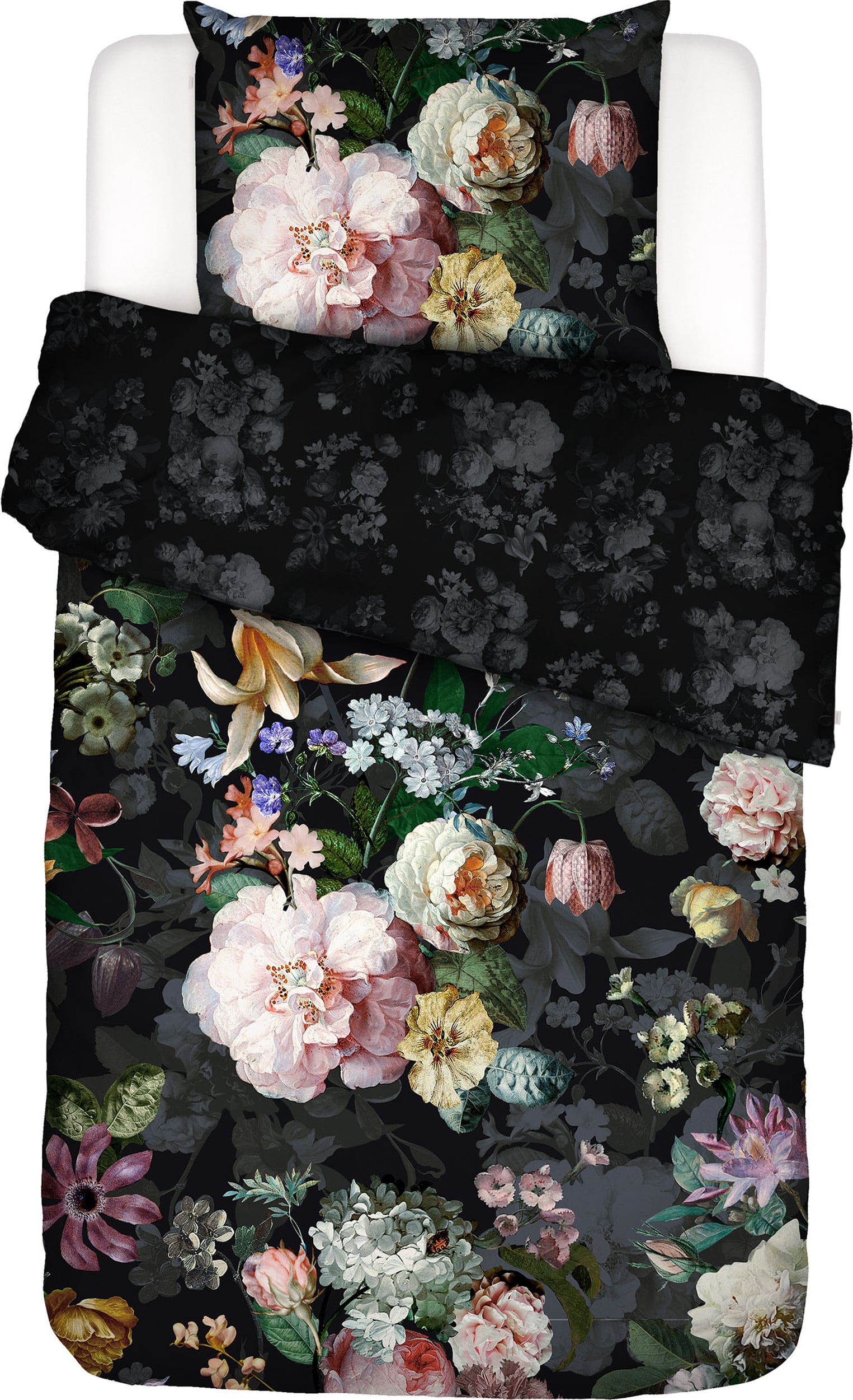 Pościel Fleur Festive 140 x 220 cm czarna z poszewką na poduszkę 60 x 70 cm zapięcie flap