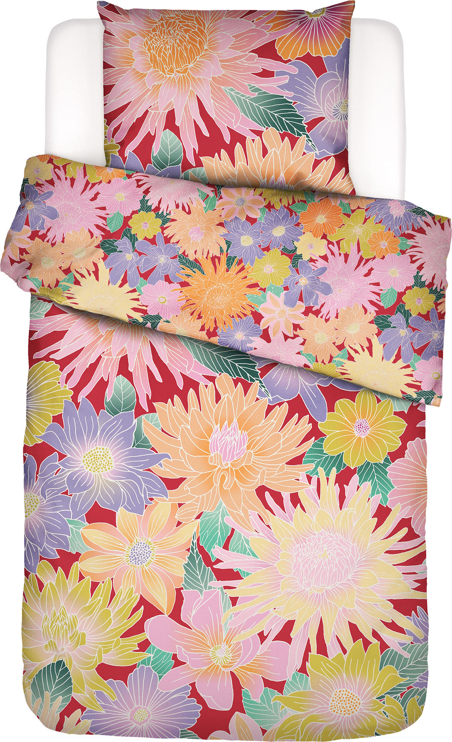 Pościel Flower Fling 140 x 220 cm czerwona z poszewką na poduszkę 60 x 70 cm zapięcie flap