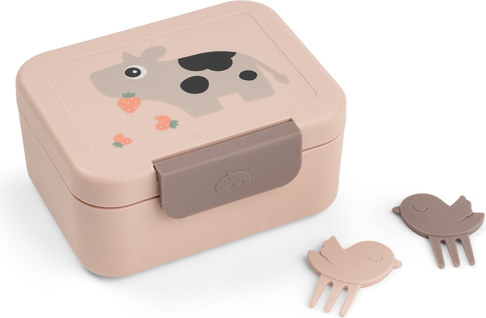 Lunchbox dziecięcy z podziałką Tiny Farm różowy z widelczykami 3 el.