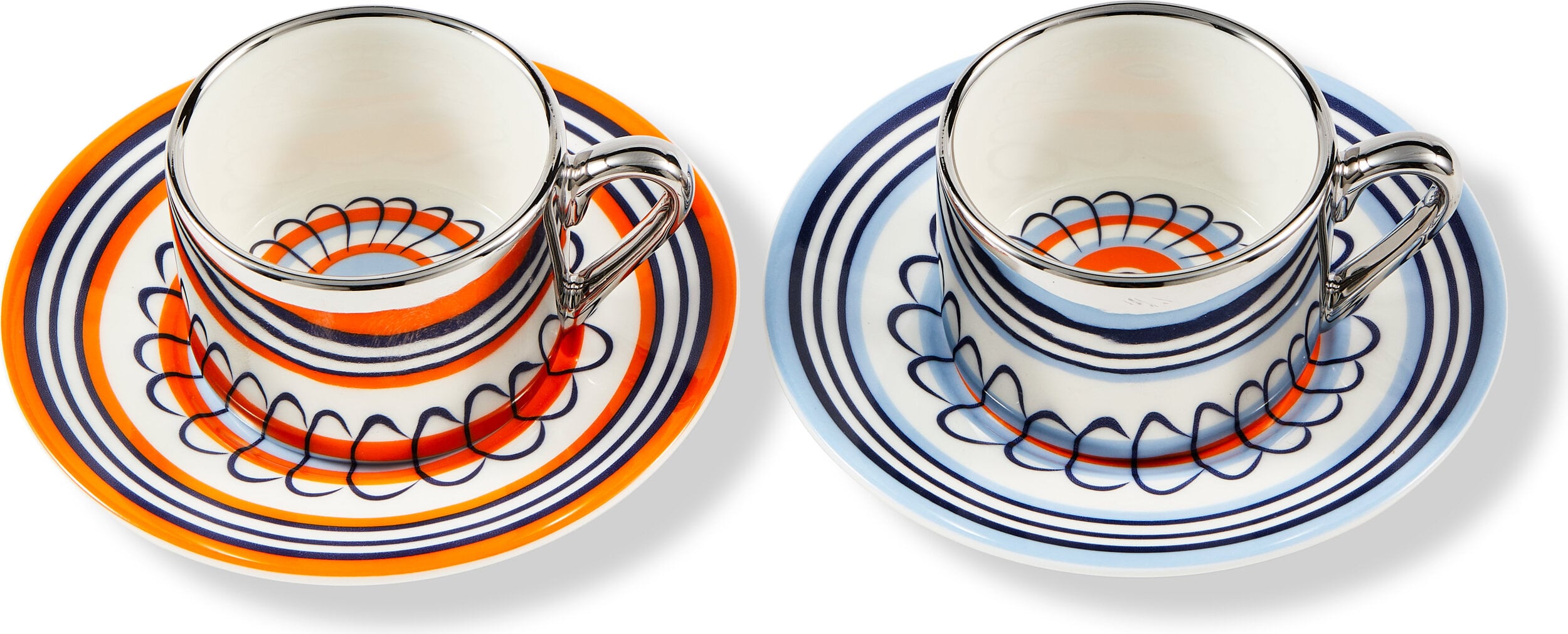 Filiżanki do espresso ze spodkami Floral 90 ml pomarańczowo-niebieskie 2 szt.