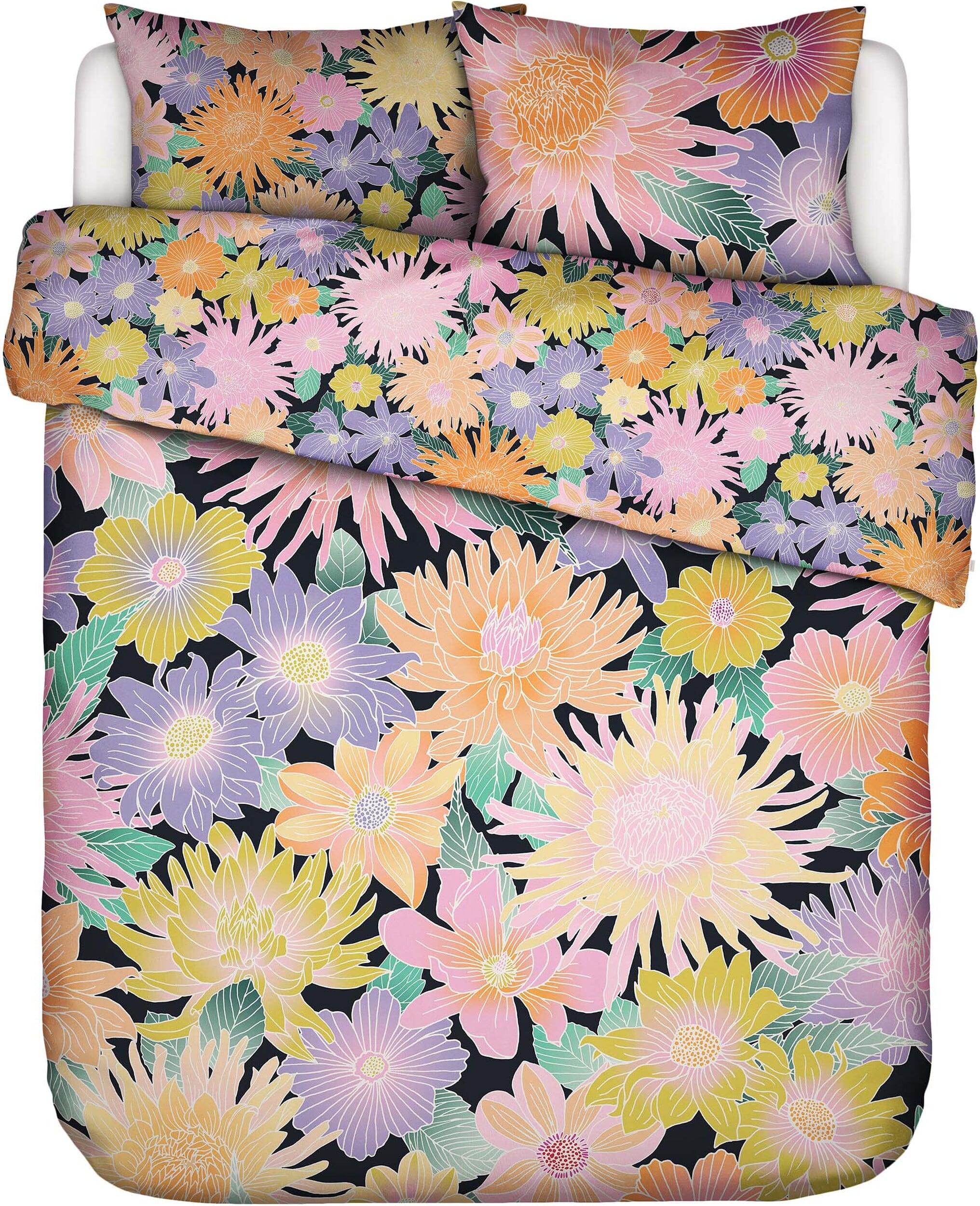 Pościel Flower Fling 240 x 220 cm czarna z 2 poszewkami na poduszki 60 x 70 cm zapięcie flap
